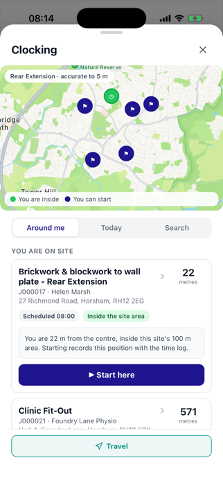 The Trades Panel mobile app clocking screen: a map of nearby sites, then You are on site with the rear extension job 22 metres away, inside the site area, and a Start here button.