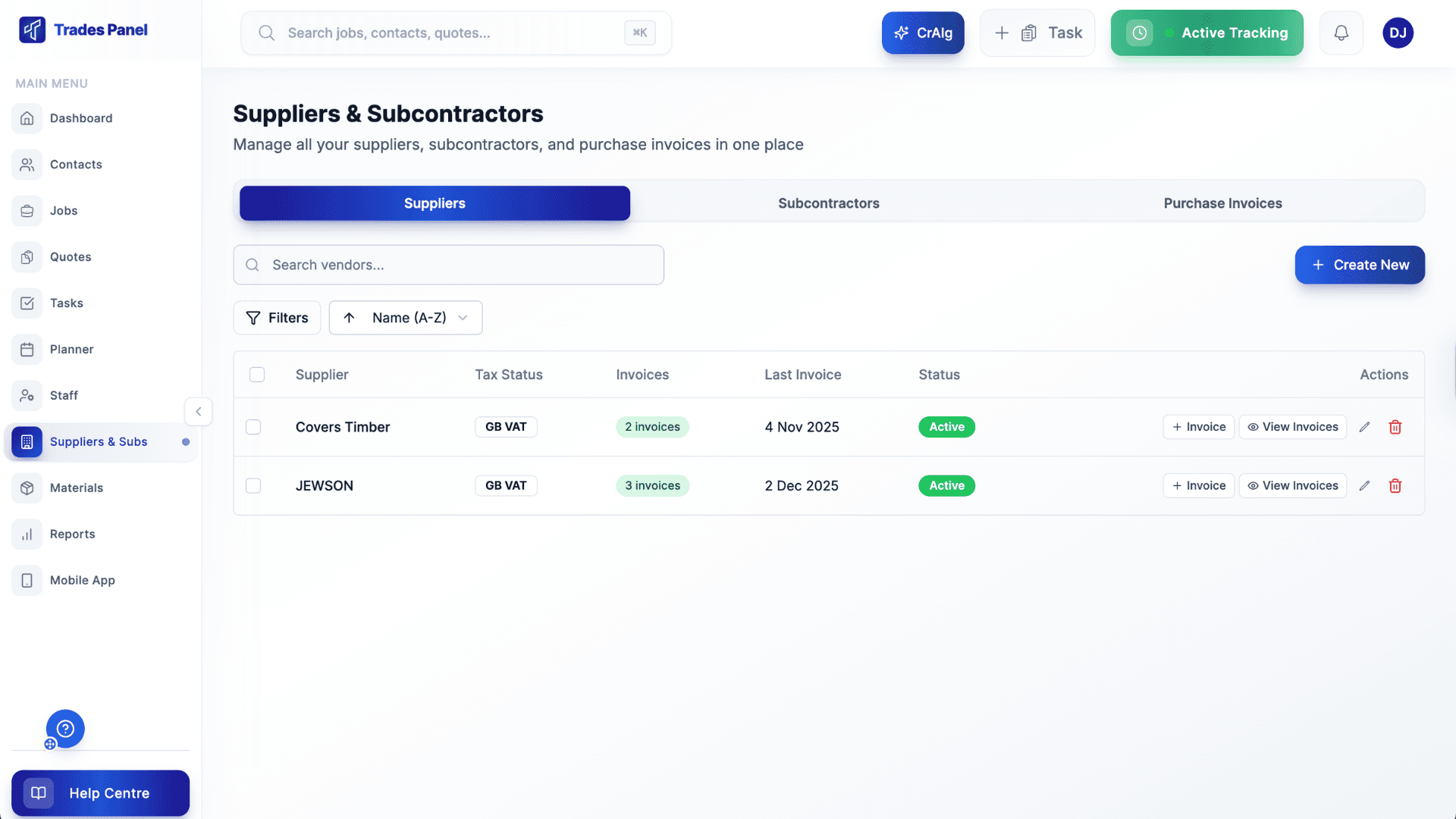 Vendor & Subcontractor Systems screenshot